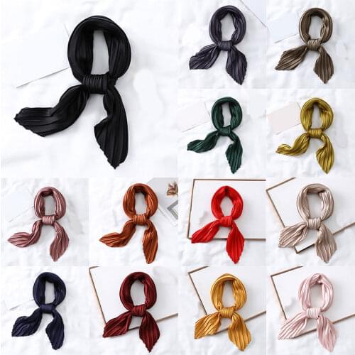 70*70cm Satin Silk Small Scarves Solid Color Silk Pleated Scarf Fashion Neckerchief Crinkle Hair Band Scarves Square Neck Scarf