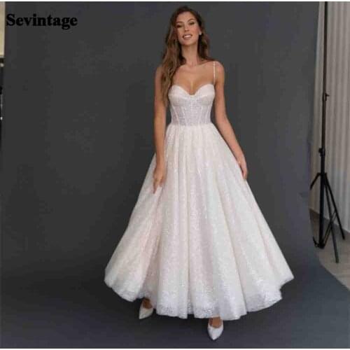Sevintage Glitter Dotted Tulle Wedding Dress 2021 Spaghetti Straps Sweetheart Sleeveless Party Boho Bridal Dresses Custom Made