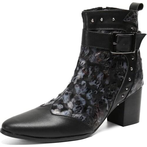 Mens Pointed Toe Zipper High Heel Retro Ankle Boots Personality Western Boots Trendy British Young Artist Short Boots Size 37-46