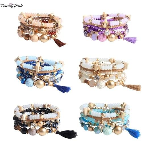 Banny Pink Multi Glass Stone Beads Bracelets For Women 6pc/Set Strand Bracelets Beach Charm Bracelets Statement Bracelet Pulsera