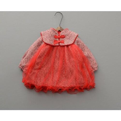 2021 Winter Red Thicken Children Clothes Baby Girls Patchwork New Years Dress Kids Bow Cotton cloth Dress Girls Outwear MB19