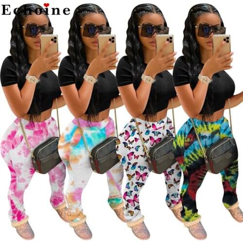Long Pencil Pants Women Tie Dye Printed Charming Stacked Sweatpants Joggers Elastic Sexy Legging Trouser Fitness Ruched Outwear