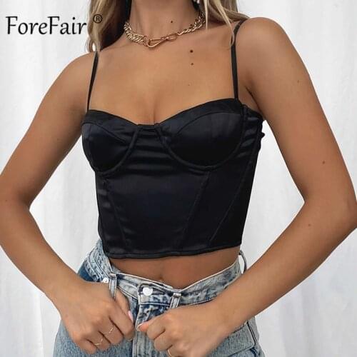 Forefair Y2K Off Shoulder Women Satin Corset Crop Tops Slim Black Strapper Party Sleeveless Wrap 2021 Fashion Tank Top Women