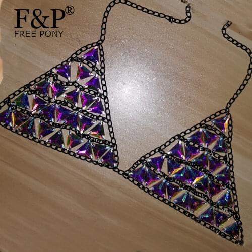 Carnvial Festival Rave Outfits Body Chain Holographic Crystal Crop Top Sparkly Rhinestone Stage Performance Singer Costume