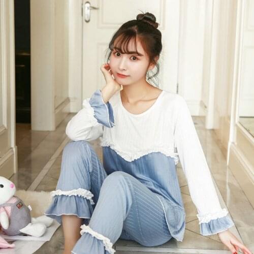 Casual Long Sleeve Pullovers Pants 2pcs Pajamas Set Women Sweet Ruffles Patchwork Sleepwear Nightgown Thin Home Clothes Spring