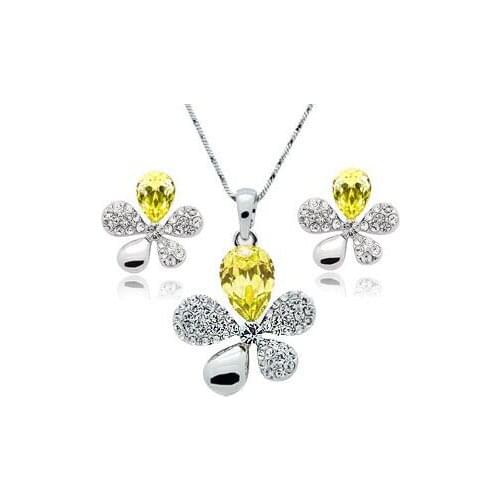 Fine Jewelry Womens Wedding Set Five Leaf Flower Yellow Heart 925 Sterling Silver Necklace Earrings S0155