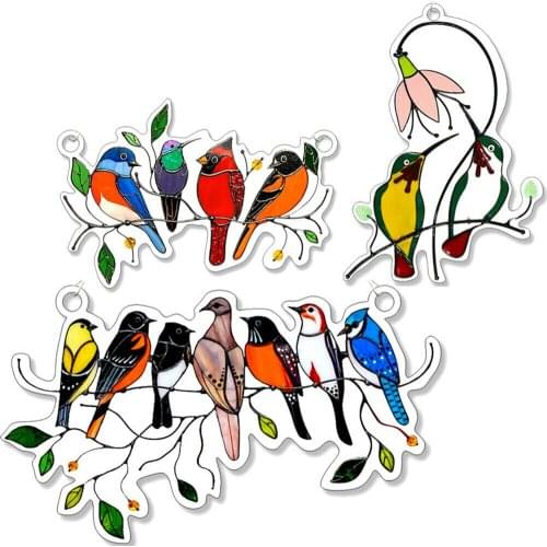 Multicolor Birds on a Wire High-Stained Glass Suncatcher Window Panel Home Decor