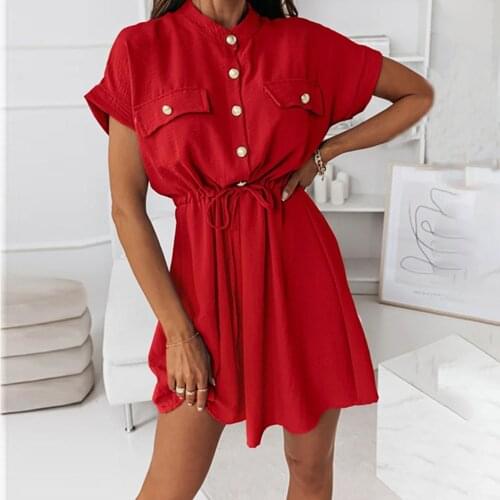 Fashion Single-breasted Shirt Dress Women Summer Casual Loose Pockets Lace Up Elastic Waist Mini Dress Party Club Clothes 2021