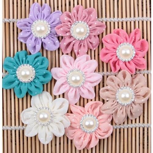 Nishine 10pcs/lot 2" Dot Chiffon Flowers for Diy Headband Clips Pearl Rhinestone Flower Kids Girls Headwear Hair Accessories