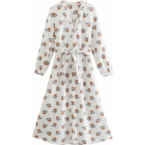 New Pop Women Dress with belt Long Sleeves Printed Vogue Elegant Chic Lady Midi Woman Dresses