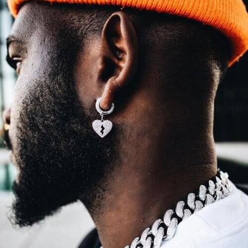 New arrived iced out bling micro pave clear cz 5A cubic zirconia heart charm silver color hoop earring hiphop boy mens jewelry