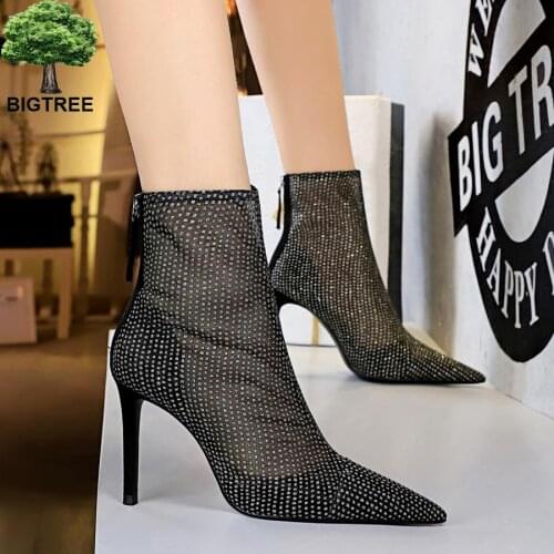2020 Sexy Mesh Pumps Shoes Woman Fetish Thin High Heel Pointed end Stripper Slip-On Party Shoes Lace hollowed-out Ankle Boots