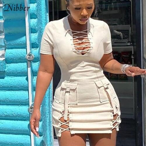 Nibber Sexy V-Neck Skinny Mini Dress Women Y2k Hollow Out Short Sleeve Bandage Pocket Bodycon Dresses 2021 Birthday Outfits