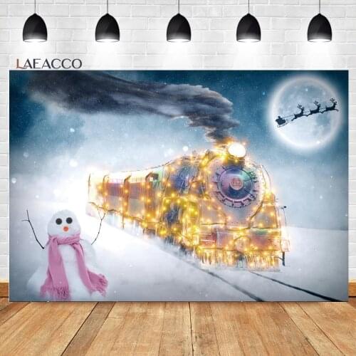 Laeacco Christmas Theme Background Winter Snowscape Lighted Train Snowman Baby Child Birthday Customized Photography Backdrops