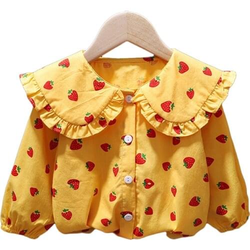 Girls Long Sleeve Shirt Fashion Strawberry Baby Kids Clothing Spring Toddler Infant Children Ruffles O-Neck Princess Tops Blouse