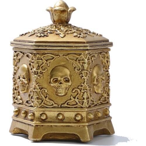 Vintage Golden Sixs-Sided Skull Jewelry Box Jewelry Storage Dust Box for Home Decor For Office Car Desktop FS99
