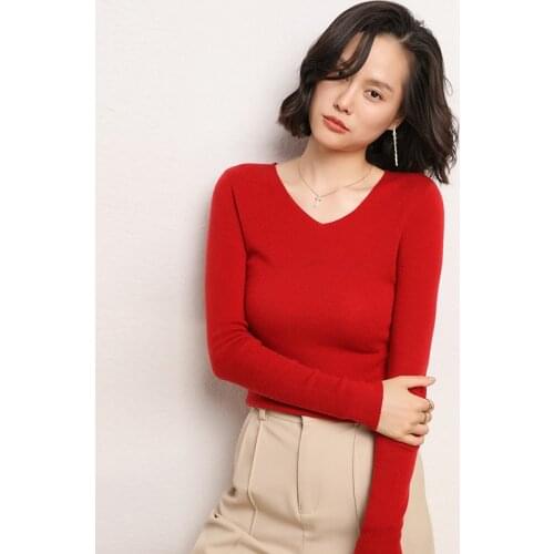 Womens Warm Sweater Knitting Jumper Female Autumn Winter Sweater V-neck Long Sleeve Sweater 100% Cashmere Merino Wool