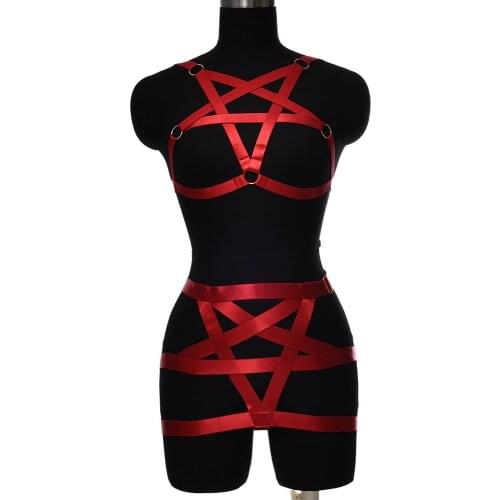 Wine Red Pentagram Goth Sexy Body Cage Belt Bodysuit Hollow Bondage Body Set Open Chest Lingerie Harness Bra Panties Set