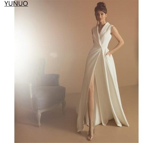 YUNUO Vintage White Ivory A Line Women Formal Evening Dress With Pockets Satin Long Party Gowns Prom Dresses vestidos de fiesta
