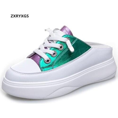 2021 New Round Toe Spell Colors Genuine Leather Slippers Women Sandals Flat Comfortable Wear Slippers Lace-up Casual Shoes