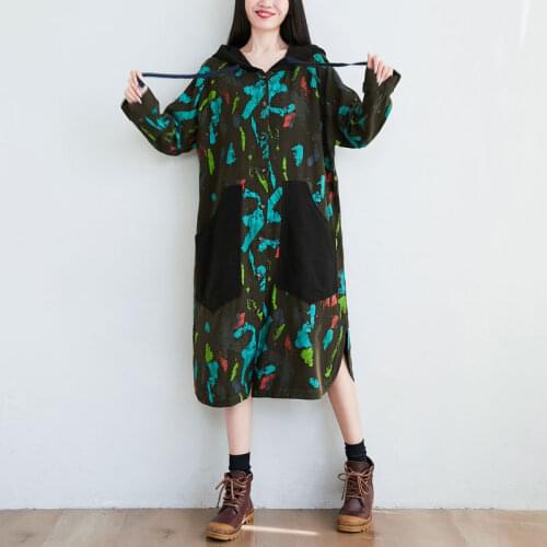 Cotton Linen Trench Women Print Hooded Trench Plus Size Long Sleeve Long Coat Autumn Baggy Chinese Style Casual Windbreaker