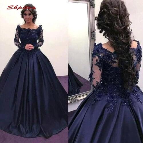Long Sleeve Lace Quinceanera Dresses Ball Gown Navy Blue Crystals Prom Debutante Sixteen Sweet 16 Dress vestidos de 15 anos