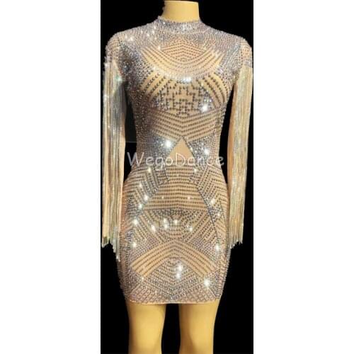 New Full Sparkly Rhinestones Fringe Stretch Mesh Sexy Dress Women Birthday Party Celebrate Dresses Nightclub Crystals Costume