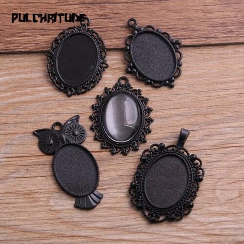 6pcs 18x25mm Inner Size Black Plated 5 Style Cameo Cabochon Base Setting Charms Pendant Necklace Findings P6587