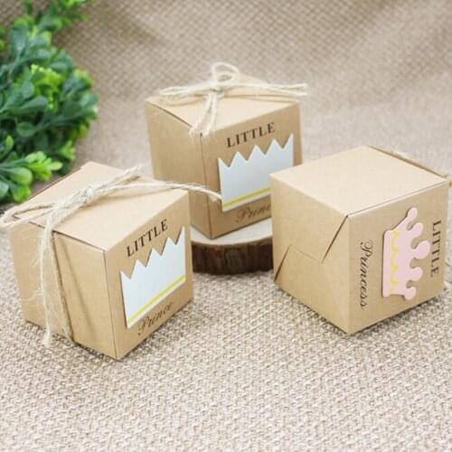 Baby Shower Candy Box Little Prince Little Princess Crown Kraft Boxes Blue Pink Candy Box for Girl Boy Birthday Favors Box 50pc