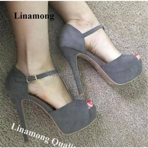 Linamong Elegant Peep Toe Grey Suede Leather High Platform Stiletto Heel Sandals Ankle T-strap High Heel Sandals Club Dress Shoe