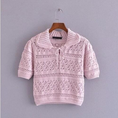 DOUJILI Summer Pink Hollow Knitted Short Shirt Fashion Pure Color Short Sleeve Women Shirt For Lady