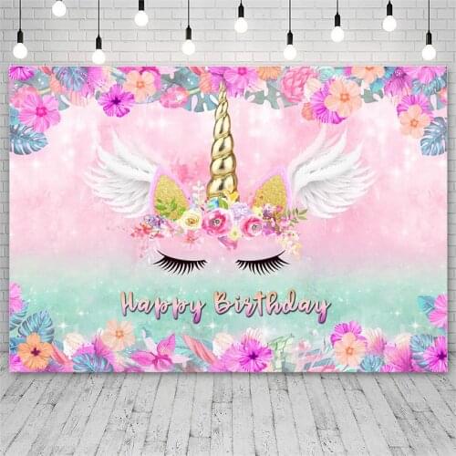Avezano Photography Backdrops Unicorn Wing Flowers Decor Banner Happy Birthday Party Background Photo Studio Photocall Photozone