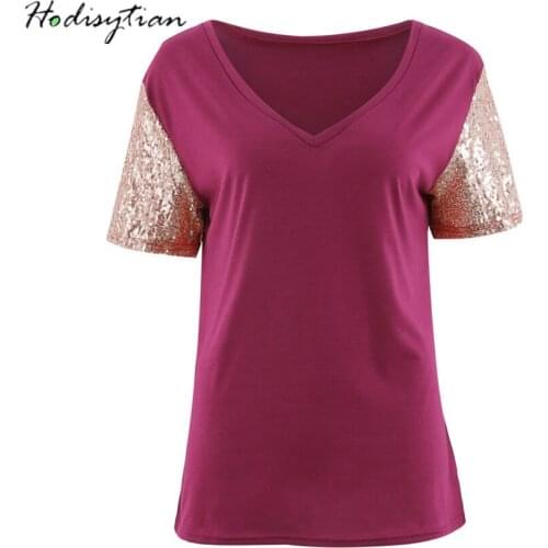 Hodisytian Fashion Tunic Tops For Women T shirts Tops Tee Sequined Patchwork Short Sleeve V neck Casual Female Blusa tshirt Tops
