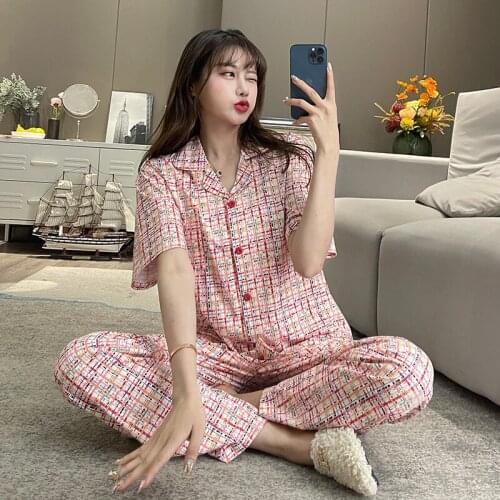 Summer 2021 Sweet Girl Pajamas Set Rainbow Plaid Print Lapel Short Sleeve Nightgown Fashion Womens Sleepwear Home Suit