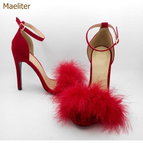 Hot Selling Exquisite Red Black Suede Fur Sandals Sweet Girls Stiletto Heels Fluffy Wedding Pumps Buckle Strap Shoes 10 Colors