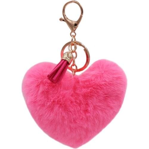Cute Fluffy Heart Fur Ball Tassel Keychain For Women Faux Rabbit Pompom Car Pendant Keyring Holder Charm Bag Girl Party Gift