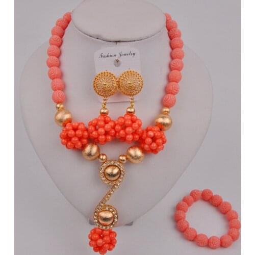 Fashion Costume Necklace African Set Pink Coral Necklace Nigerian Coral Beads Jewelry Set 12-I-02