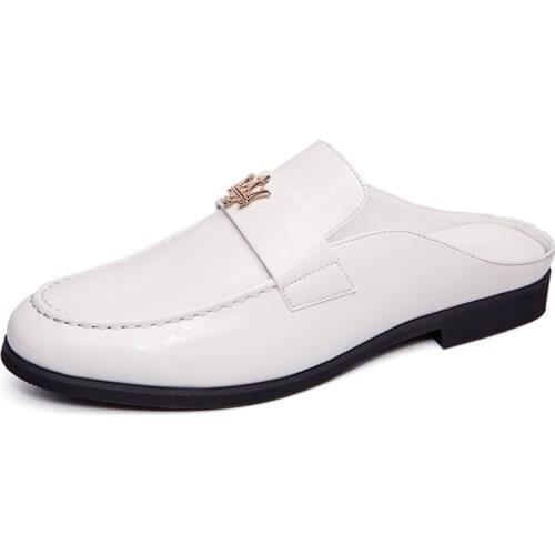 Popular half tow black and white lazy shoes mens patent leather luxury brand summer sandals zapatillas hombre chaussure homme44