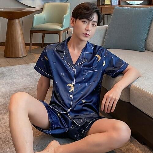 Men Silk Satin Pajamas Pyjamas Set Sleepwear Pijama Male Pajamas Suit Boys Sleep Two Piece Set Man Loungewear Plus Size M-5XL