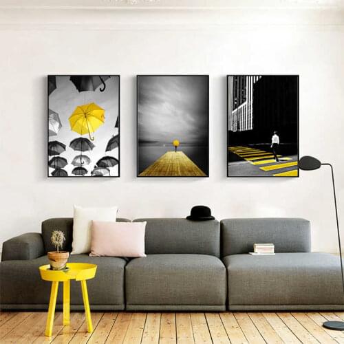 Yumeart Man Walk Yellow Umbrella Wall Art Posters Prints European Street Print Canvas Painting Living Room Bedroom Home Decor
