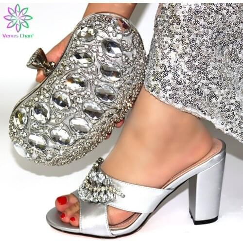 Silver Shoes with Matching Bags for Wedding lady Shoe and Bag to Match for party Nigerian Shoes and Bag Set