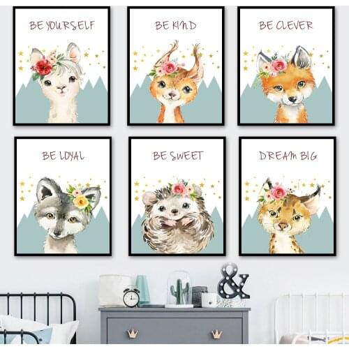 Sheep Squirrel Fox Deer Hedgehog Wolf Flower Wall Art Canvas Painting Nordic Posters And Prints Wall Pictures Kids Room Decor