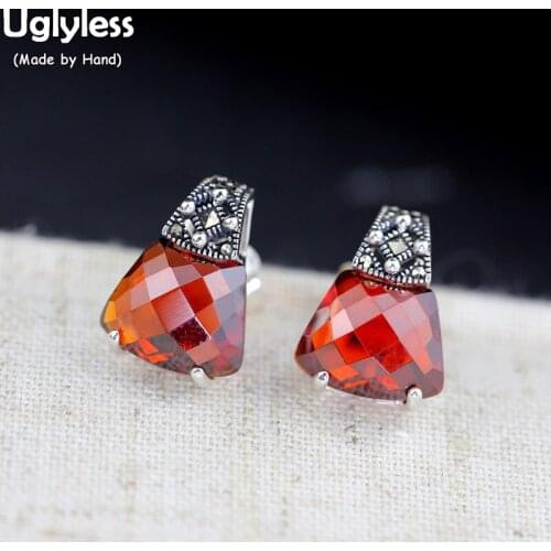 Uglyless MINI Triangle Stud Earrings for Women Faceted Gemstones Garnet Studs Earrings Real 925 Silver Thai Silver Jewelry E1499