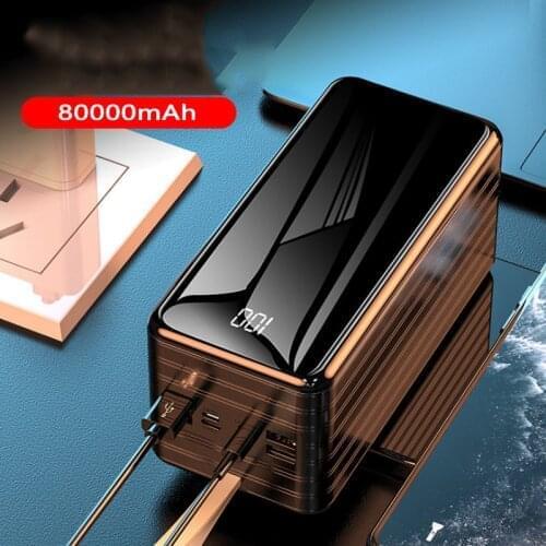 80000mAh Power Bank Built in Cable Mobile Phone External Battery Charger Powerbank for Xiaomi iPhone 12 11 Poverbank with Light