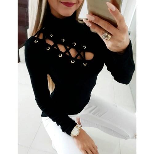 Women Sexy Blouse 2020 New Hollow Out Lace up shirt Slim Long Sleeve Casual O Neck Shirt Tops Bandage Blouse Tops tunic femme