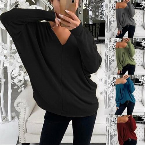 2020 Women Autumn Winter V Neck Long Sleeve Base Shirt Loose Baggy Blouse Pullovers Top female Plus Size Solid girl clothing
