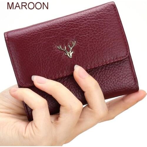 Genuine Lether Wallet Women Short Purse with Hasp Black Maroon Gray Pink Wallet