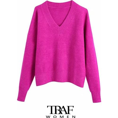 TRAF Za Women Fashion Soft Touch Loose Knitted Sweater Vintage V Neck Long Sleeve Female Pullovers Chic Tops