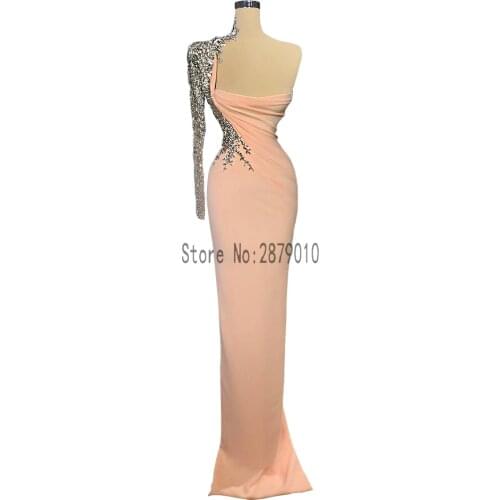 Pink One Shoulder Long Sleeve Beaded Evening Dresses 2021 Sexy Floor Length Sheath Satin Prom Party Gowns Customised