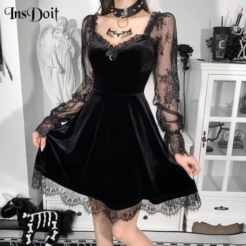 InsDoit Gothic Lace Patchwork Black Dress Velvet Vintage Lolita High Waist A Line Dress Women Backless Sexy Elegant Party Dress